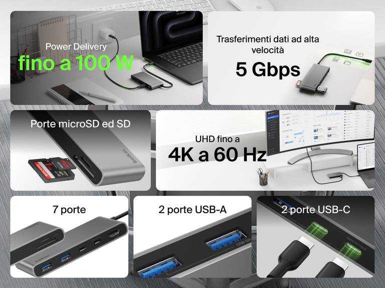 Belkin Connect 7-Port USB-C Hub with Dual USB-C Ports featuring 100W power delivery, 4K HDMI, SD and microSD slots, 5Gbps transfer speed, and multiple USB-C and USB-A ports.