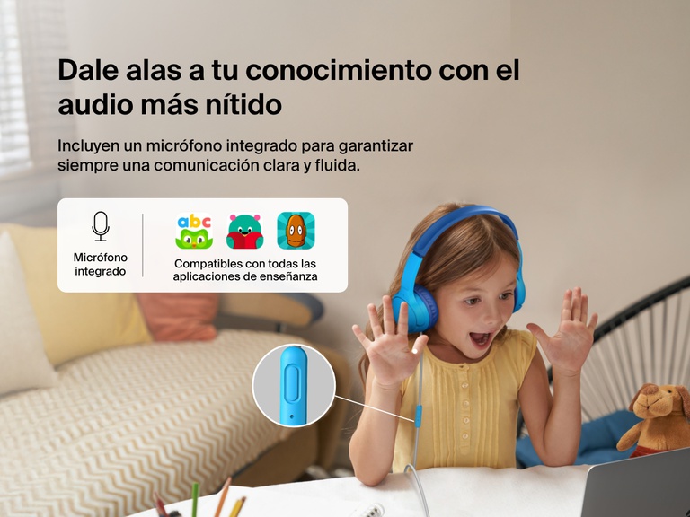 Young girl using Belkin Wired On-Ear Headphones for Kids with a built-in microphone while video chatting on a laptop, highlighting clear audio and compatibility with learning apps for classroom use.