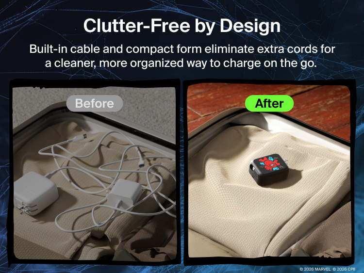 Belkin UltraCharge Retractable GaN Wall Charger 67W with built-in retractable USB-C cable shown in before-and-after travel packing comparison highlighting clutter-free compact charging design.