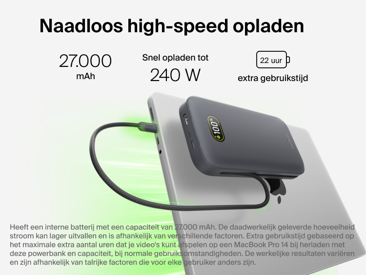 UltraCharge Pro Laptop Power Bank 27K delivering high-speed 240W charging via integrated USB-C cable while powering a laptop with digital battery display