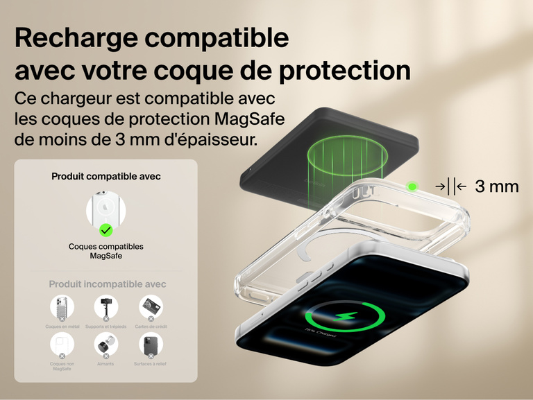 Belkin BoostCharge Slim Magnetic Power Bank 5K with Qi2 wirelessly charging a smartphone through a MagSafe-compatible case up to 3 mm thick for convenient everyday use.