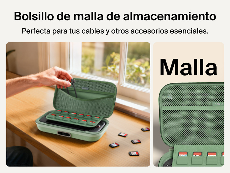 Belkin Gaming Charging Case Pro for Nintendo Switch 2 shown with mesh utility pocket for storing charging cables, accessories, and gaming essentials.