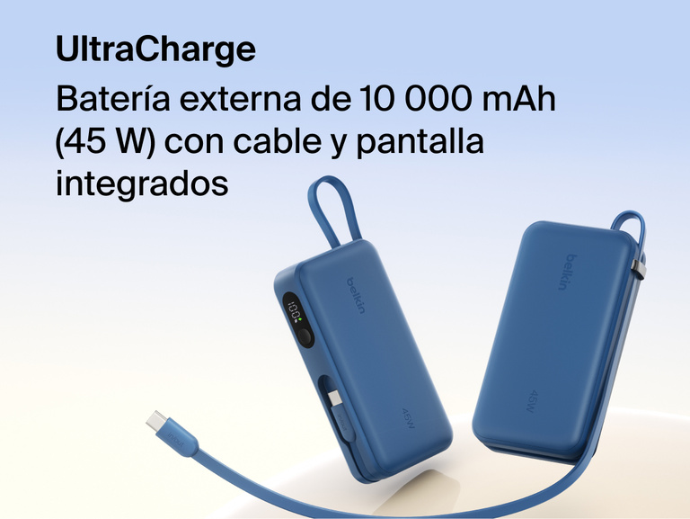 Belkin UltraCharge 10K 45W power bank with integrated cable and digital display showing battery level, designed for fast portable charging.