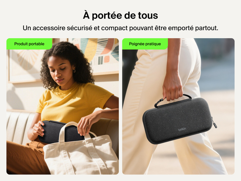 Photo de la pochette de rangement avec batterie externe Belkin Gaming pour Nintendo Switch 2 illustrant son côté pratique et transportable, tenue par sa poignée.