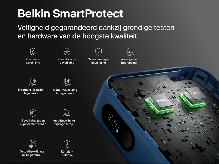Belkin UltraCharge 10K power bank with integrated USB-C cable and digital display featuring SmartProtect safety system with multiple protection layers for reliable charging
