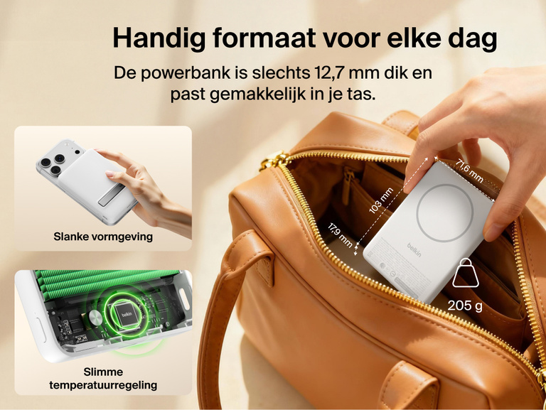 Slim Magnetic Power Bank 10K with Qi2 placed inside bag showing compact size and portability with dimension callouts