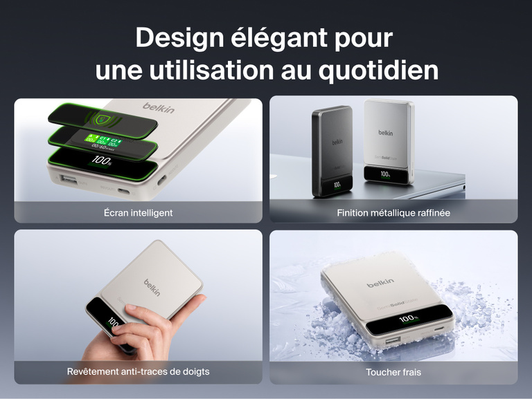 Image de la batterie externe Belkin&nbsp;UltraCharge&nbsp;Pro 10K avec BoostSolid&nbsp;Cell dot&eacute;e d'un affichage intelligent, d'une finition m&eacute;tallique &eacute;l&eacute;gante, d&rsquo;un rev&ecirc;tement r&eacute;sistant aux traces de doigts et d&rsquo;une conception agr&eacute;able au toucher.