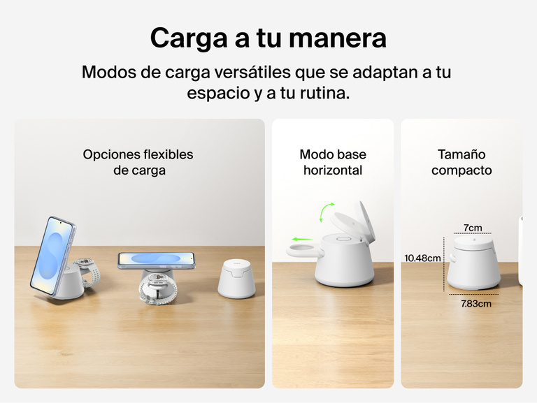 La estaci&oacute;n de carga modular con Qi2 de 25 W Belkin UltraCharge ofrece una gran flexibilidad de carga al permitir su uso como soporte vertical o base horizontal. Adem&aacute;s, su dise&ntilde;o compacto ahorra espacio para facilitar su uso diario con cualquier dispositivo y en cualquier entorno.
