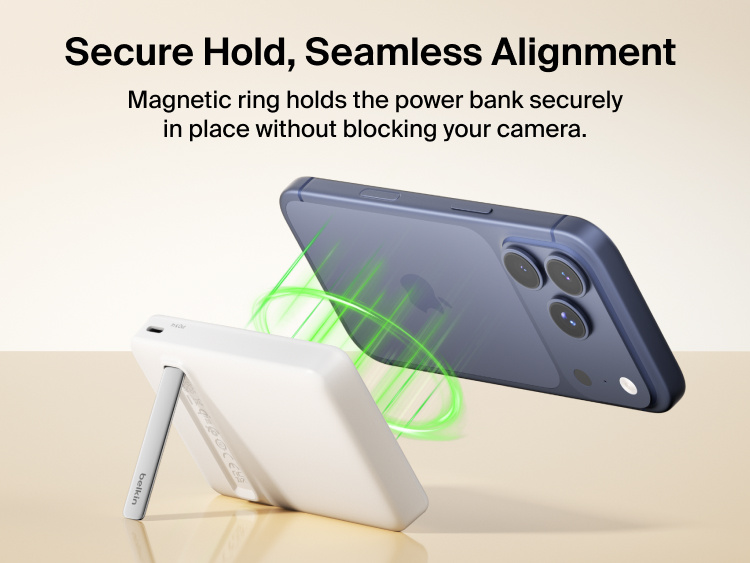 Slim Magnetic Power Bank 10K with Qi2 wirelessly charging smartphone on kickstand with power output indicators