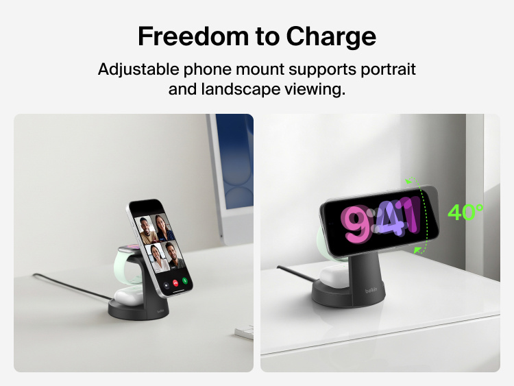 Belkin UltraCharge 3-in-1 Charging Stand with Qi2 25W features an adjustable phone mount for portrait and landscape viewing with up to 40-degree adjustment.