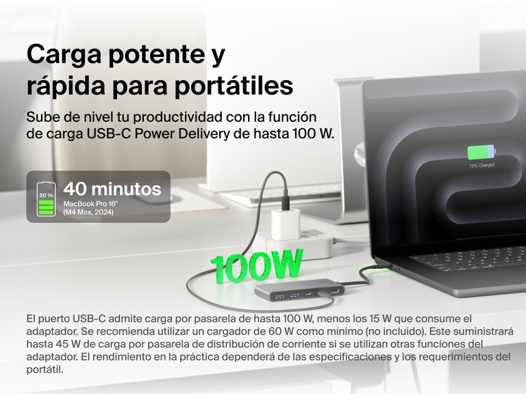 Belkin Connect 7-Port USB-C Hub with Dual USB-C Ports providing up to 100W USB-C Power Delivery for laptop charging.