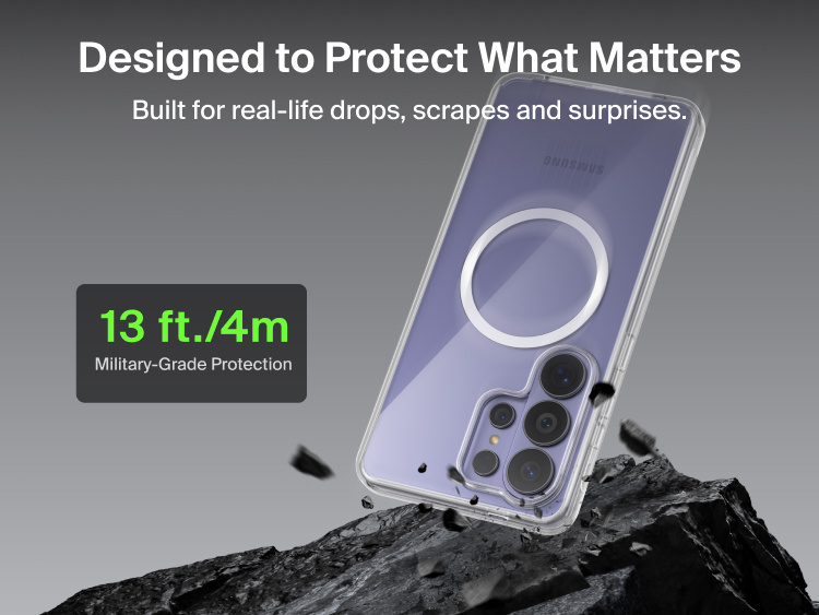Belkin SheerForce Clear Series Case for Samsung Galaxy S26 shown protecting a phone during impact, highlighting slim design with 13 ft / 4 m military-grade drop protection and built-in Qi2 wireless charging support.