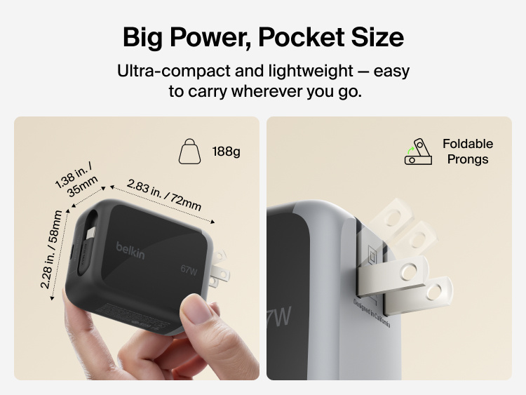 Belkin UltraCharge Retractable GaN Wall Charger 67W compact fast charger with built-in retractable USB-C cable, foldable prongs, and lightweight pocket-size design for travel and everyday charging.