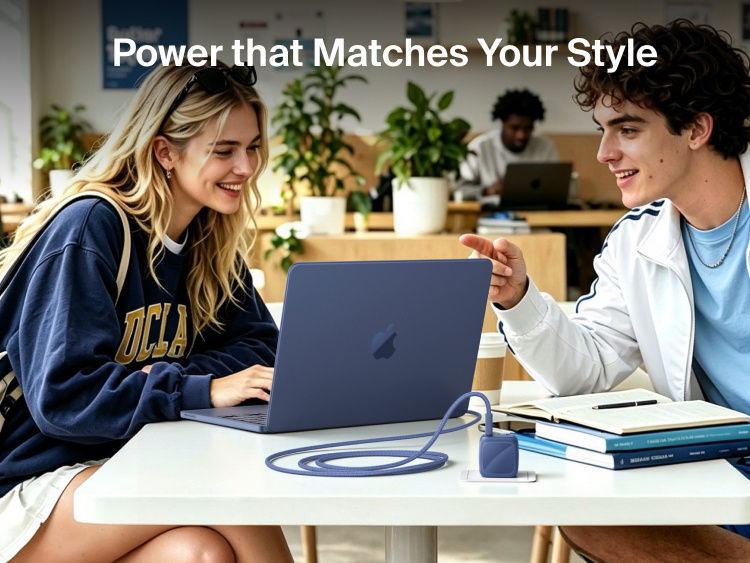 Two students using a MacBook Neo with the Belkin BoostCharge Compact USB-C Charger 30W and braided USB-C cable at a table.