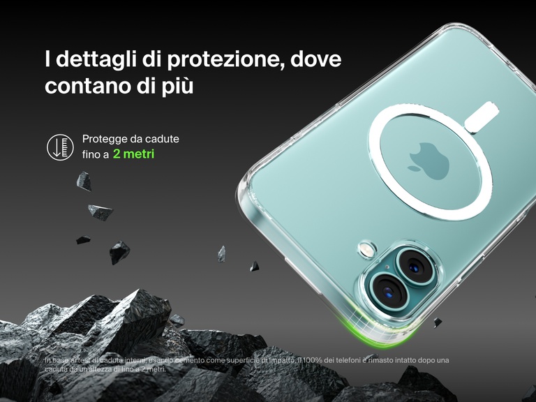 A SheerForce™ Magnetic iPhone Case falling onto a rocky surface, emphasizing its 2-meter drop protection. The text highlights the case's durability and ability to withstand drops from up to 2 meters, based on internal drop tests on concrete. The image conveys a rugged, protective design, ensuring enhanced impact resistance for your iPhone.