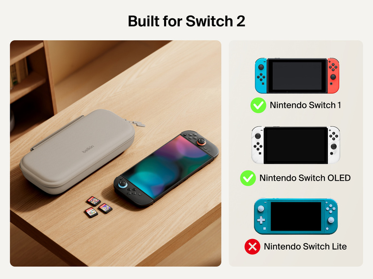 Belkin Gaming Charging Case shown next to Nintendo Switch 2 and game cards, with compatibility clearly marked for Switch 2 only—not compatible with Nintendo Switch 1, OLED, or Lite models.