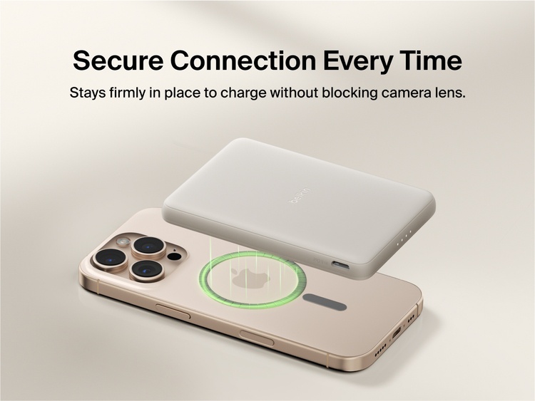 Belkin BoostCharge Slim Magnetic Power Bank 5K shown magnetically aligned between a smartphone and wallet accessory, demonstrating precise magnetic ring for secure attachment and camera-safe design.