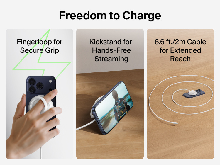 Belkin UltraCharge Magnetic Charger with Qi2 25W shown with finger loop, kickstand functionality, and an included 2m cable for flexible charging and hands-free use.