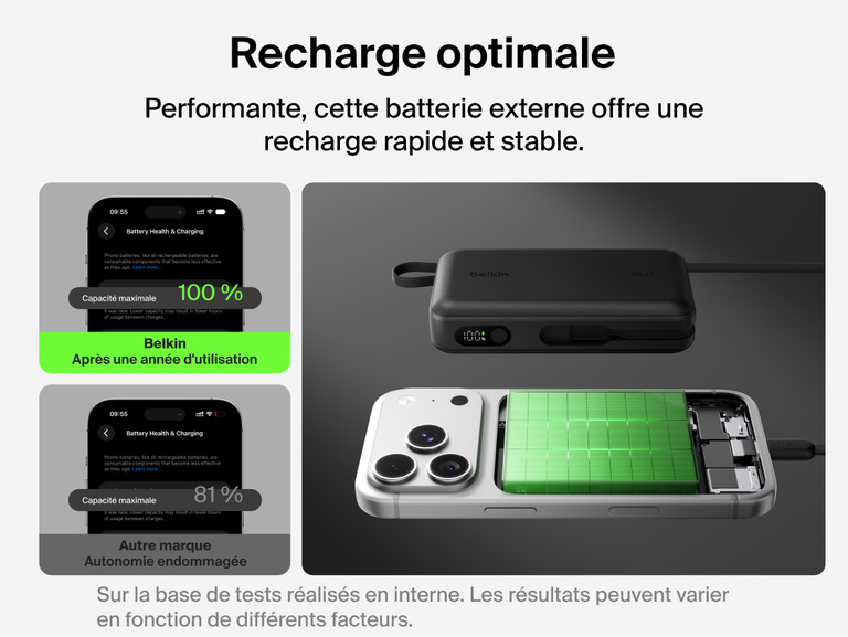 Belkin UltraCharge 20K 45W power bank with integrated cable designed for optimized charging that supports battery health and long-term device performance