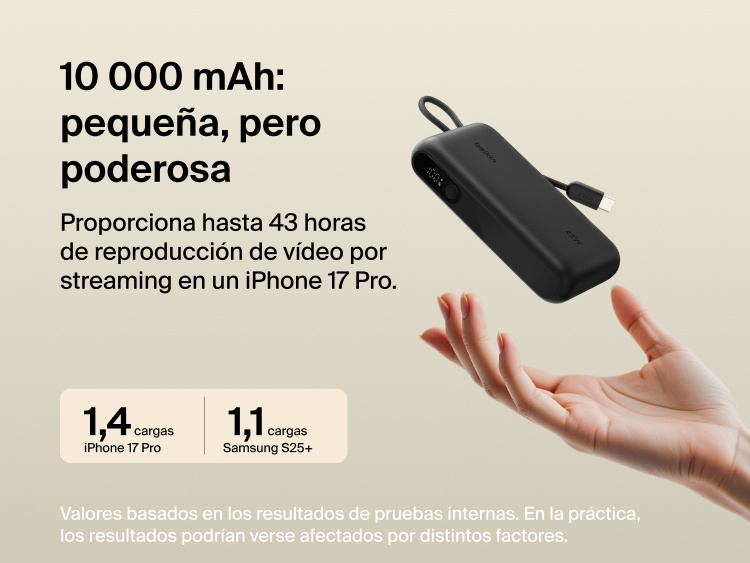Belkin UltraCharge 10K power bank with integrated USB-C cable and digital display, delivering up to 45W fast charging and extended battery life for smartphones