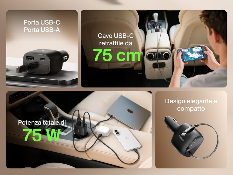 Immagine del caricabatteria da auto con cavo retrattile da 75 W Belkin BoostCharge, che include due porte USB-C (una con cavo integrato), una porta USB-A, un cavo USB-C retrattile da 75 cm, e un design compatto per ricaricare i dispositivi durante gli spostamenti.