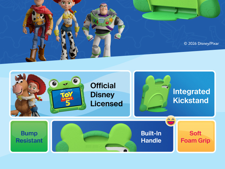 Belkin Disney Toy Story 5 Lilypad case for Samsung Galaxy Tab A11+ highlighting official Disney licensing, integrated kickstand, soft foam grip, bump-resistant design, and downloadable wallpapers.