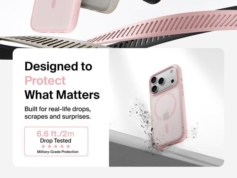 Belkin SheerForce Grip Series Case for iPhone 17 shown with textured grip and impact protection against drops.