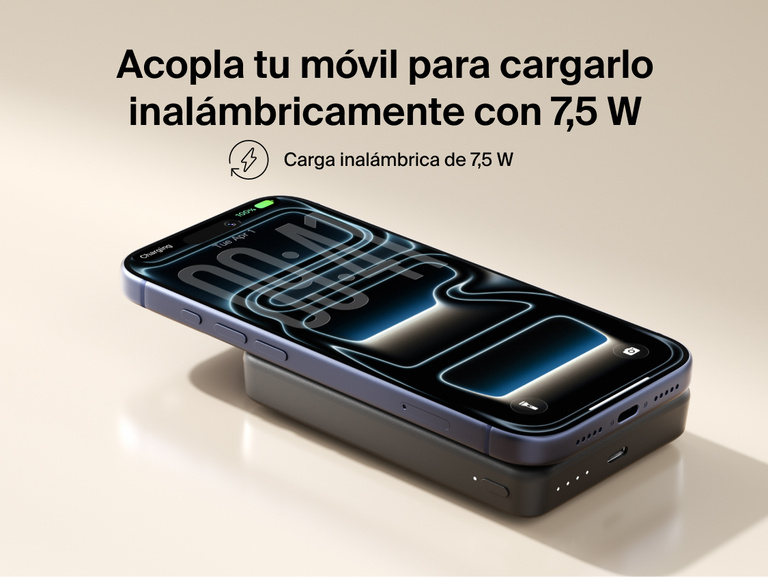 Belkin BoostCharge Slim Magnetic Power Bank 10K magnetically attached to a smartphone delivering 7.5W wireless charging in a slim portable design