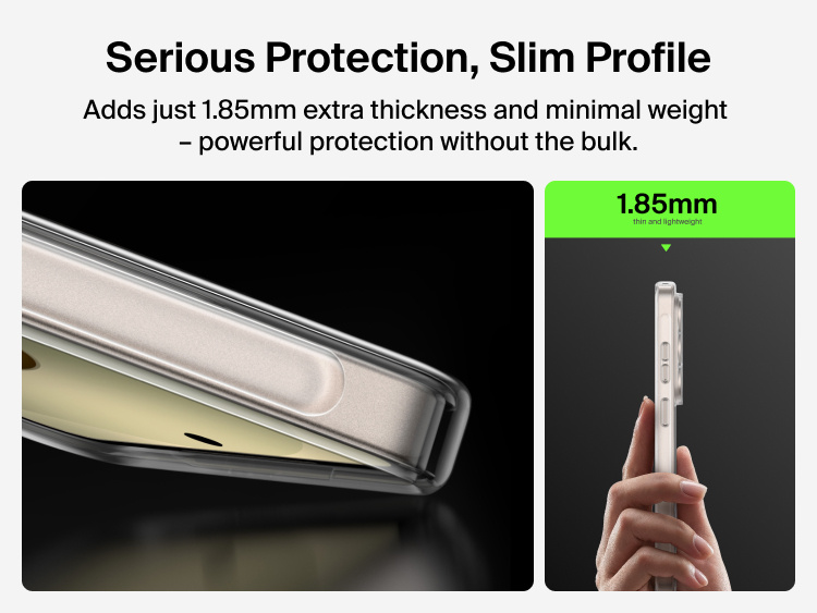 Belkin SheerForce Clear Series Case for Samsung Galaxy S26 shown in side profile, highlighting a slim 1.85 mm design that adds minimal thickness while delivering durable, everyday phone protection.