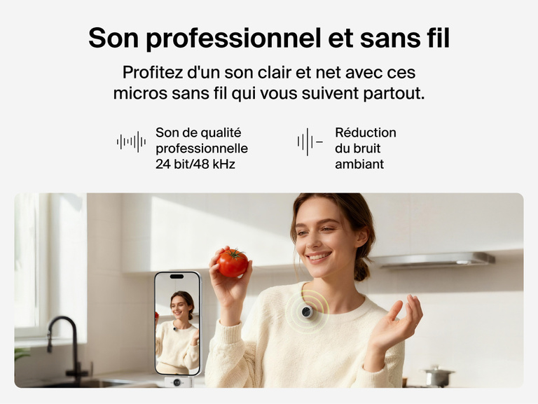 Image d'une jeune femme assise dans une pi&egrave;ce &eacute;clair&eacute;e, en train d'enregistrer une vid&eacute;o sur un smartphone fix&eacute; sur un tr&eacute;pied. Elle tient une basket color&eacute;e &agrave; la main et porte un petit micro rond, clips&eacute; sur son T-shirt. Sur la gauche, on peut lire &laquo;&nbsp;Son professionnel et sans fil&nbsp;&raquo;, et le texte mentionne la fonction de clart&eacute; audio de 24&nbsp;bit/s et 48&nbsp;kHz ainsi que l'ENC.