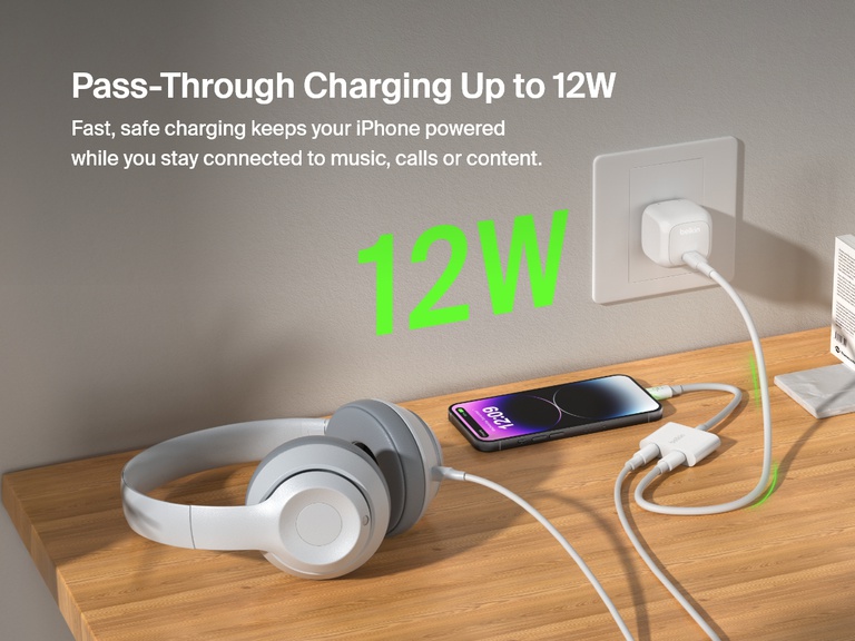 Belkin 3.5mm Audio + Charge RockStar™ delivers up to 12W pass-through charging while connected to headphones and an iPhone, allowing users to power their device and enjoy audio simultaneously.