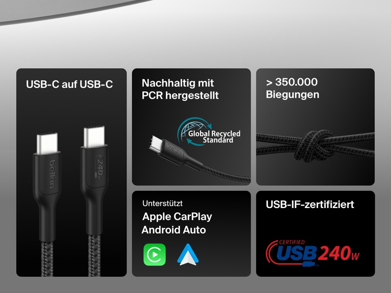 Feature callout graphic highlighting the Belkin BoostCharge Pro USB-C to USB-C Braided Cable 240W with USB-IF certification, 350,000+ bend lifespan, PCR materials, and compatibility with Apple CarPlay and Android Auto.