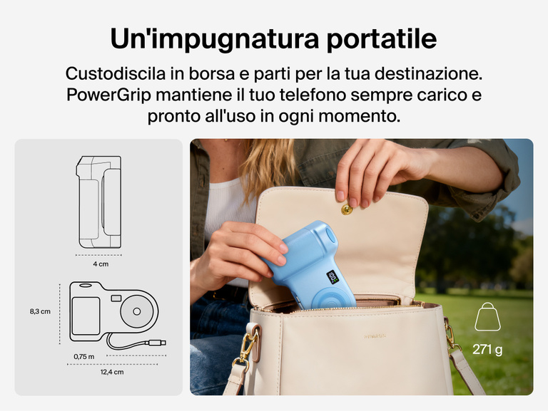 Person placing the Belkin Stage PowerGrip portable magnetic wireless charger into a handbag, shown with product dimensions and lightweight design for easy travel.