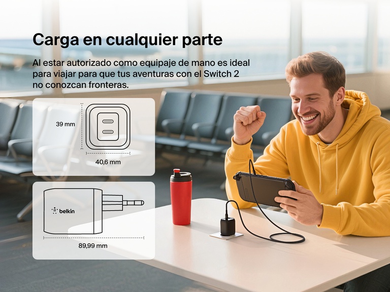 El cargador de pared USB-C doble (65 W) de Belkin Gaming alimenta una Nintendo Switch 2 sobre la marcha en movilidad gracias a un diseño portátil y fácil de transportar que resulta excelente para llevártelo como equipaje de mano en el avión o usarlo en el aeropuerto para hacer más amenas las largas esperas.