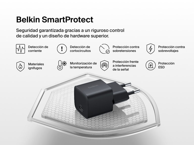Belkin BoostCharge USB-C Wall Charger 25W shown with Belkin SmartProtect features, including over-voltage, surge, and short-circuit protection for enhanced charging safety.