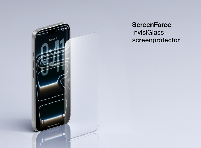 Belkin ScreenForce InvisiGlass-screenprotector voor duurzame kristalheldere bescherming, afgebeeld op een iPhone.