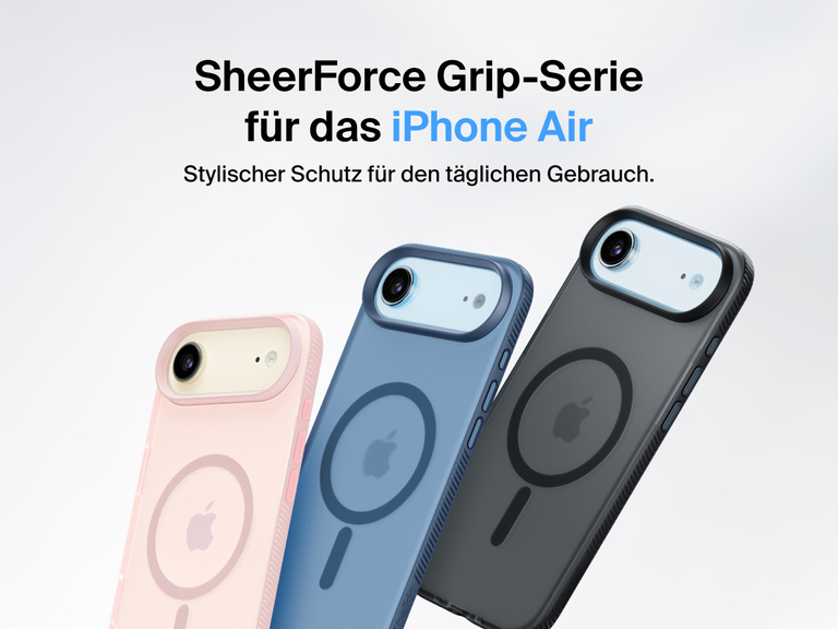 Belkin SheerForce Grip Series protective case for iPhone 17 shown in pink, clear, and black with slim design and MagSafe compatibility.