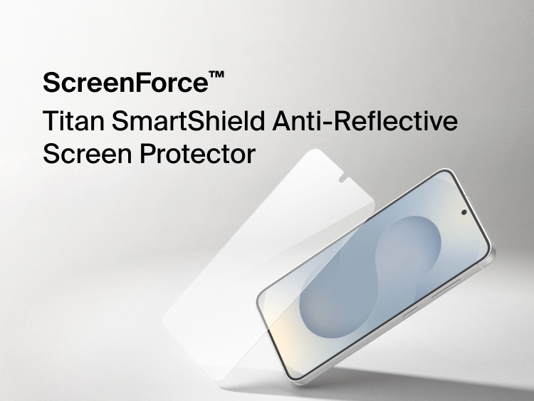 Belkin ScreenForce Titan SmartShield Anti-Reflective Screen Protector installed on Samsung Galaxy S26, shown with layered design highlighting edge-to-edge coverage and glare-reducing screen protection.