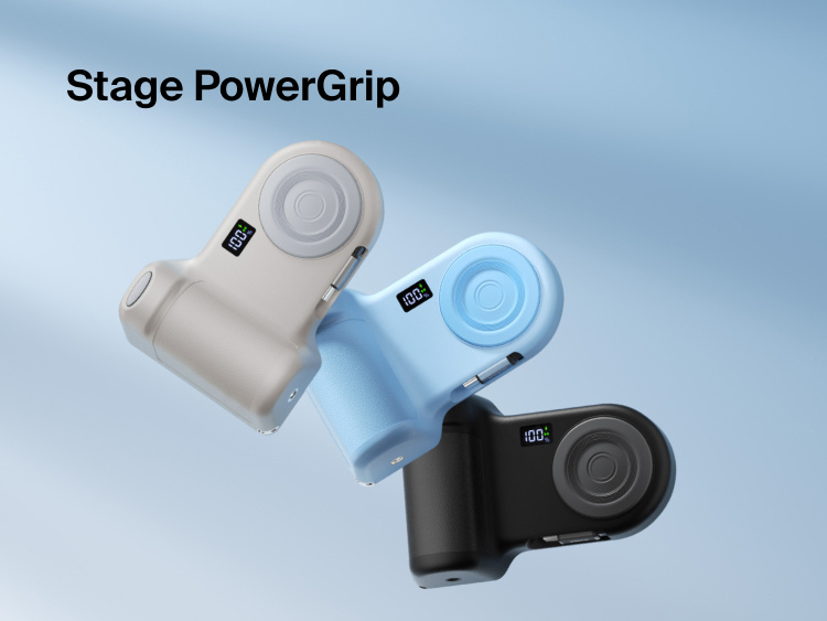 Belkin Stage PowerGrip portable wireless charger in black, white, and blue variants displayed against a light gradient background, each showing a digital battery indicator.