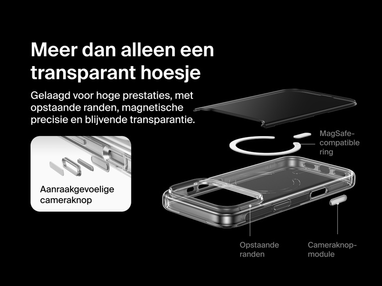 Belkin SheerForce Clear Series Case for iPhone 17 with raised edges, MagSafe-compatible ring, touch-sensitive camera button, and layered clear protection design.