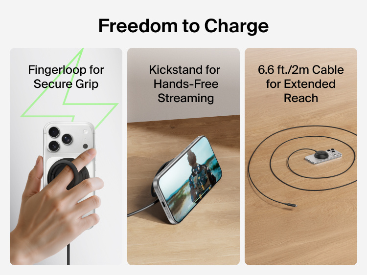 Belkin UltraCharge Magnetic Charger with Qi2 25W shown with finger loop, kickstand functionality, and an included 2m cable for flexible charging and hands-free use.