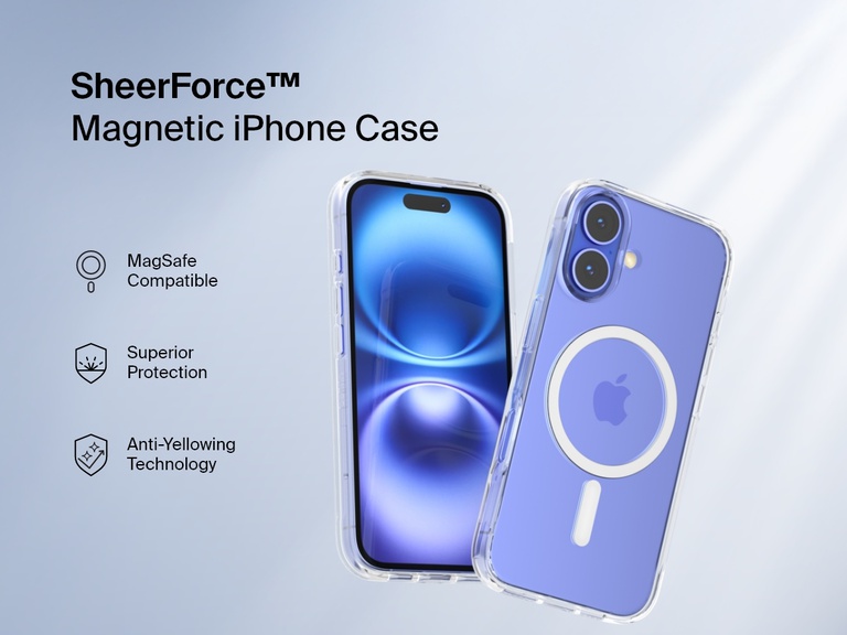 A promotional image of the SheerForce™ Magnetic iPhone Case, featuring a clear, MagSafe-compatible design. The case offers anti-yellowing technology and superior protection while maintaining the sleek look of the iPhone. The image highlights key features with icons, including MagSafe compatibility, durability, and long-lasting clarity.