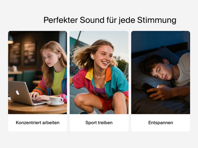 Belkin SoundForm Anywhere Wireless Earbuds shown for focus, workouts, and relaxation with perfect sound for every vibe.