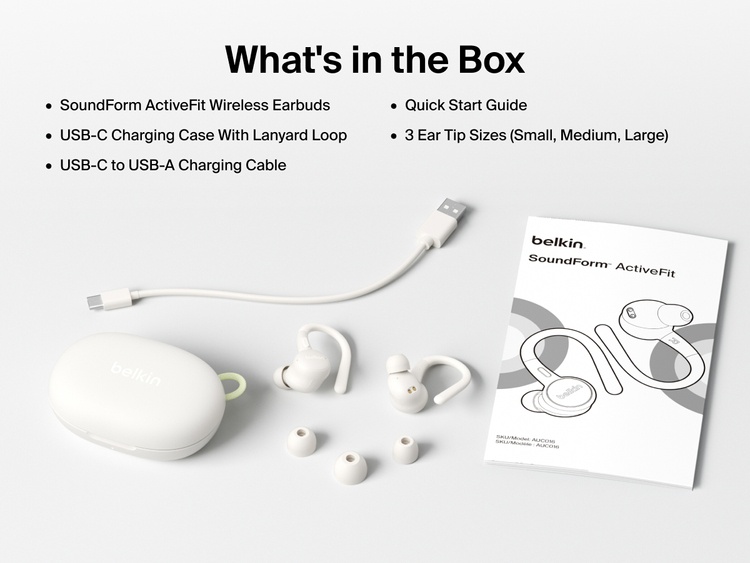 Belkin SoundForm ActiveFit Wireless Earbuds with USB-C charging case, USB-C to USB-A cable, quick start guide, and three ear tip sizes included in the box.
