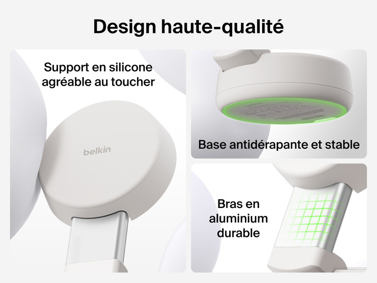 Image du socle de recharge 2-en-1 Belkin UltraCharge&nbsp;Pro aimant&eacute; et pliable avec Qi2 25&nbsp;W dot&eacute; d'un rev&ecirc;tement en silicone agr&eacute;able au toucher et d'une base antid&eacute;rapante pour une recharge sans fil s&eacute;curis&eacute;e et durable.