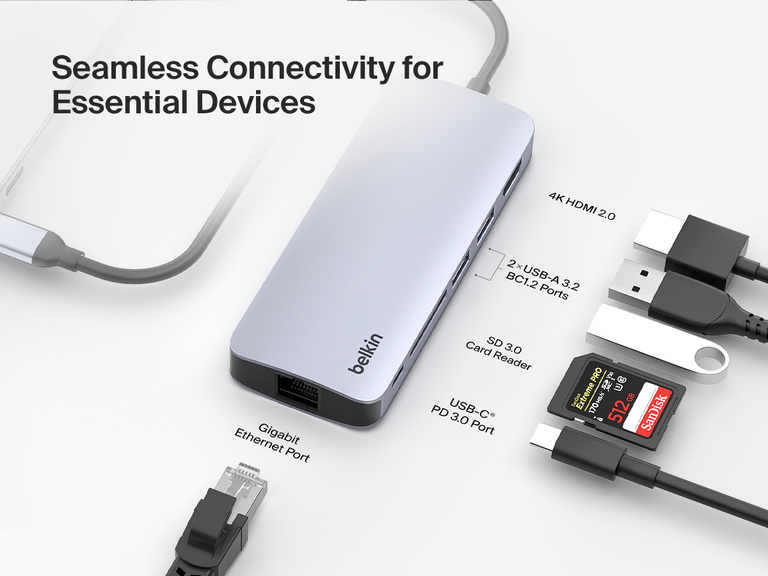 A Belkin Connect USB-C 6-in-1 Multiport Hub is displayed with labeled ports, including Gigabit Ethernet, USB-C PD 3.0, SD 3.0 card reader, two USB-A 3.2 ports, and 4K HDMI, demonstrating its seamless connectivity for essential devices.