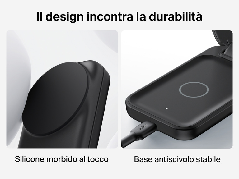 Il caricabatteria magnetico pieghevole 3 in 1 con Qi2 da 25 W Belkin UltraCharge è dotato di un rivestimento in silicone morbido e di una base piena stabile, per fornire una ricarica wireless sicura e affidabile.