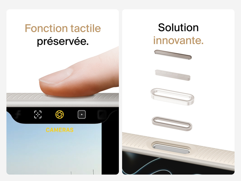 Belkin SheerForce Grip Series Case for iPhone 17 with MagSafe ring, raised edges, and floating tinted buttons for precision protection.