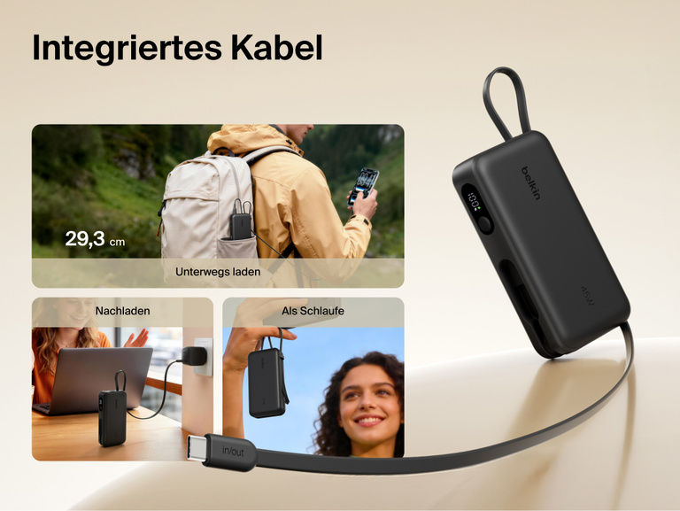 Belkin UltraCharge 10K power bank with integrated USB-C cable and digital display designed for portable charging, recharging, and convenient carry on the go