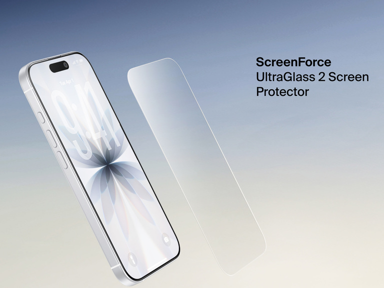 Belkin ScreenForce UltraGlass 2 Screen Protector shown next to an iPhone for durable, edge-to-edge screen protection.